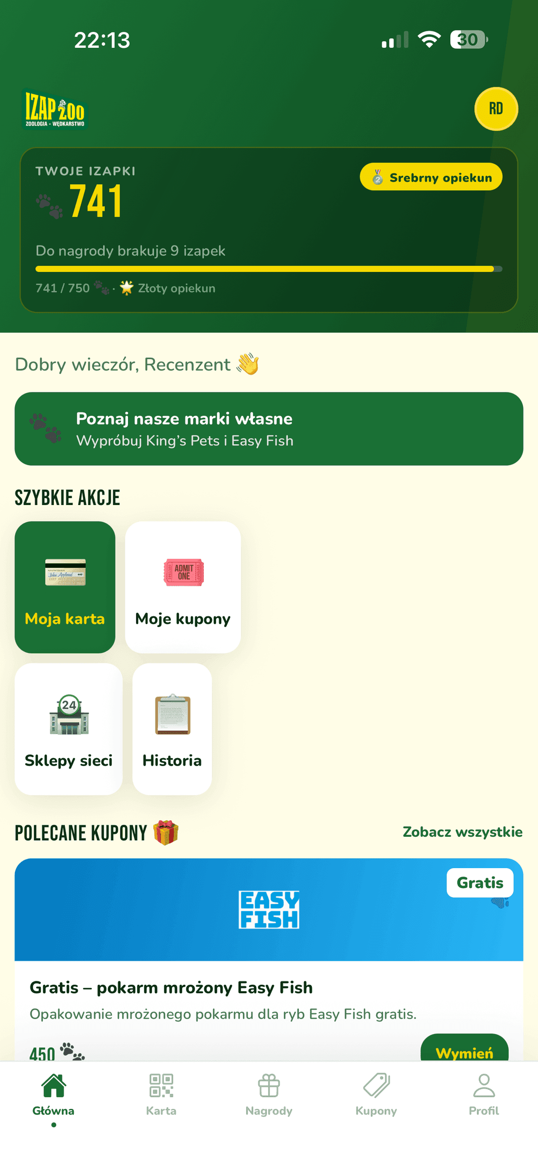 Ekran główny — saldo izapek, postęp do progu i polecane kupony